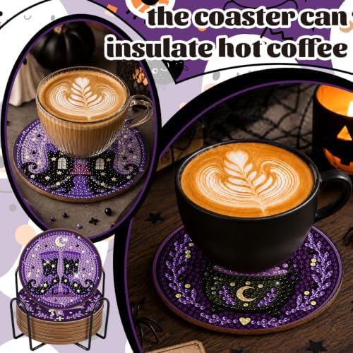 8 Pcs Halloween Diamond Art Coasters Purple Moon DIY Craft Kit with Holder - Image 4