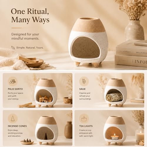 Palo Santo Holder Burner, Handcrafted Ceramic Incense Holder Burner and Ash Catcher for Palo Santo Sticks or sage Bundles, Smudge Bowl, Meditation Home Decor (White Yellow) - Image 4