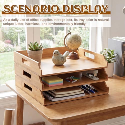AceOrbit 3 Pcs Stackable Paper Tray Bamboo Wood Desk Organizer Letter Tray - Image 5