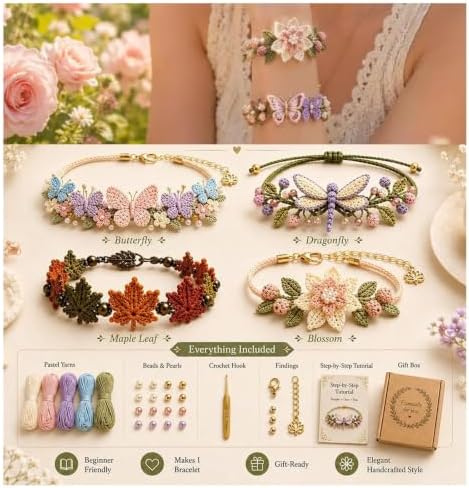 DIY Nature-Inspired Crochet Bracelet Kit, Handmade Jewelry Making Set with Yarn, Beads Crochet Hook, Art Craft Supplies for Adults, Woven Bracelets Craft Gift，B - Image 2