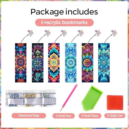 Puraikcmi 6 PCS 5D DIY Diamond Art Bookmarks,Mandala Diamond Painting Bookmarks Kits with Tassels Acrylic, Rhinestone Crafts Decoration Gift Set for Book Lovers Beginners & Adults - Image 3