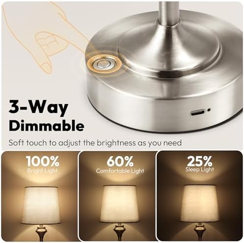 NIORSUN Portables Cordless Table Lamp, 10.2" Battery Operated Lamp, Bedside Table Lamp with Warm White,3 Way Dimmable Touch Desk Lamp for Bedroom Living Room Restaurant Whtie Shade (Silver) - Image 2