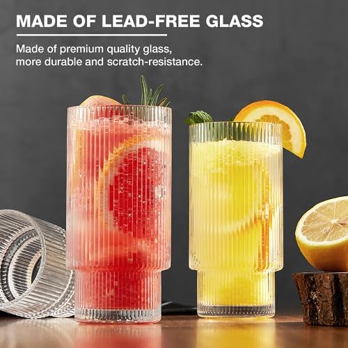 Qipecedm® 6 Pack Ribbed Drinking Glasses, 16 oz Vintage Glass Cups, Highball Glasses, Premium Iced Coffee Glasses, Clear Glass Tumbler, Cocktail Glasses, Elegant Glassware for Water Juice Whiskey Beer - Image 5