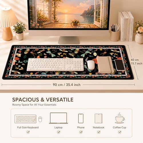 Vintage Butterfly & Botanical Desk Pad, Cottagecore Aesthetic Mouse Pad for Cozy Desk Setup, Decorative Desk Cover for Home Office (Black) - Image 3