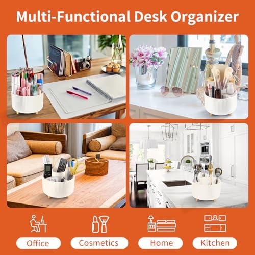 Desk Pencil Pen Holder, 5 Slots 360°Degree Rotating Pen Organizers for Desk, Desktop Storage Stationery Supplies Organizer, Cute Pencil Cup Pot for Office, School, Home, Art Supply, Beige - Image 5