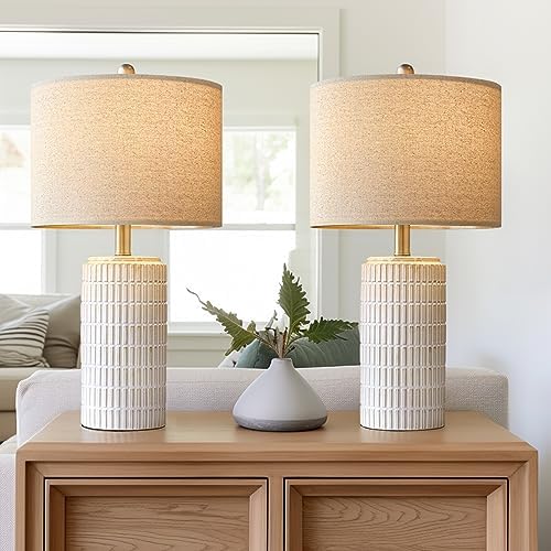 PoKat 23" Modern Ceramic Table Lamp Set of 2 for Living Room Bedroom, White by Pokat