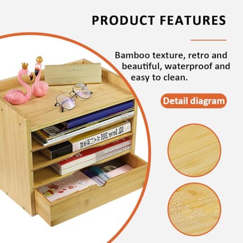 KKTONER 5-Tier Bamboo Desk Organizer with Drawer Tabletop File Organizer Document Holder with Shelf Desktop Cabinet for Home Office School Supplies (Natural) - Image 4