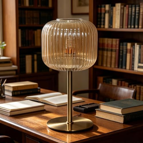 Green Glass Table Lamp Mid Century Modern Table Lamp for Bedroom Nightstand Gold Small Night Light Vintage Decorative Brass Desk Lamp for Living Room Study (L Amber Lamp) - Image 4