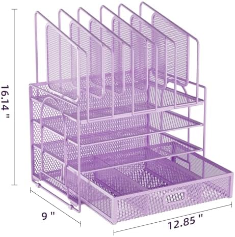 Marbrasse Desk Organizers, 4-Tier Mesh Desk File Organizer with 5 Vertical File Holders and 2 Pen Holders, Multifunction Desktop Organizer,Desk Organizers and Accessories for Home Office (Purple) - Image 5