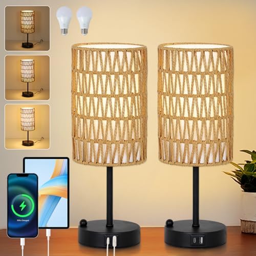 Touch Table Lamp Set of 2 For Bedroom with Bulb, Boho Small Desk Lamp For Living Room With Rattan & Linen Shade, 3 Way Dimmable Bedside Table Lamp For Nightstand With USB Charging Port & Phone Stand by LightingFixtures