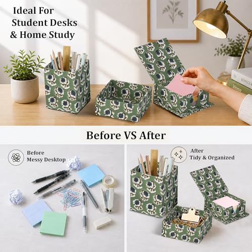 Ridhi Basil Green Block Print Office Desk Organizer Pen & Note Holder - Image 2