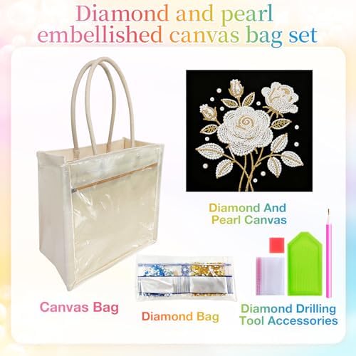 Xylzzuit DIY Pearl Painting Canvas Tote Bag Kit 11.42IN Diamond Art Handbag for Women Shopping Grocery Bag Dots Beads Art Craft Gift (Flower03) - Image 4