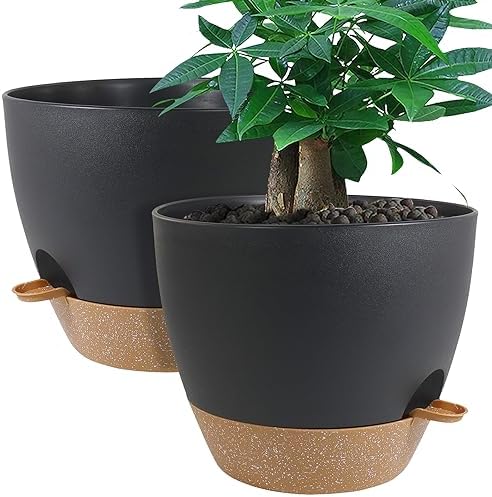 UOUZ 12inch 2Pack Large Self Watering Planters, Plastic Plant Pots with 60oZ Removable Deep Reservoir and Multi Mesh Drainage Holes for Indoor Outdoor Garden Plants and Flowers, Black with Brown by UOUZ