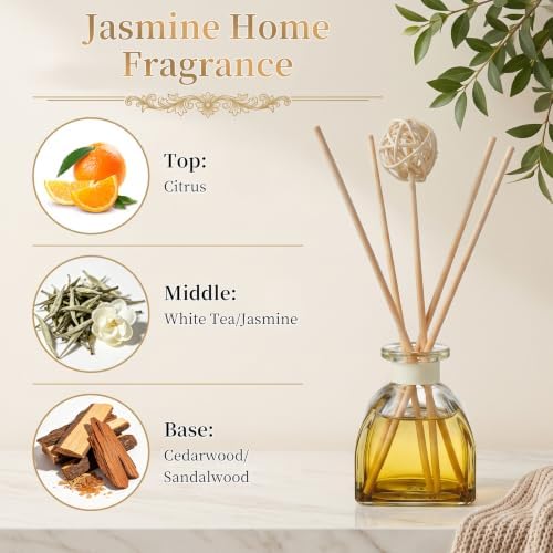 Jasmine Reed Diffuser Set, 2 Pack 1.7 fl oz Glass Bottles, 5 Rattan Sticks & Rattan Ball, Plant-Based Non-Toxic Essential Oil, Fresh Long-Lasting Home Fragrance for Bedroom Office - Image 5