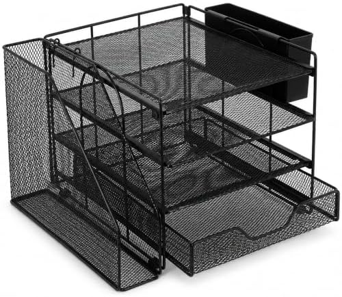 OPNICE Desk Organizer, 4-Tier Desktop File Organizer with Drawer and Pen Holders, Office Desk Accessories, File Sorters, Workspace Organizers for Office Supplies(Black-1) by OPNICE