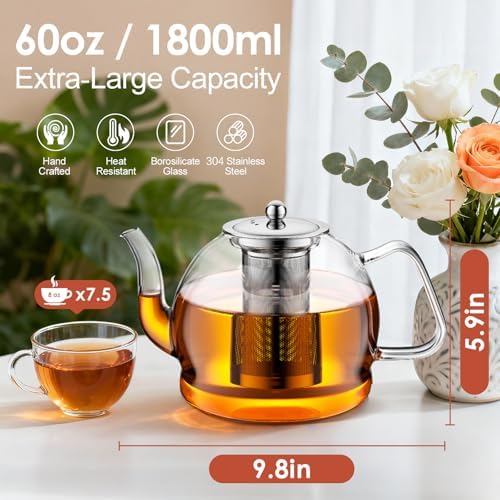 1800ml Glass Teapot with Infuser, Stovetop Safe Large Tea Pot - Image 2