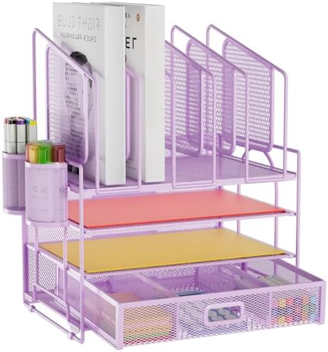 Marbrasse Desk Organizers, 4-Tier Mesh Desk File Organizer with 5 Vertical File Holders and 2 Pen Holders, Multifunction Desktop Organizer,Desk Organizers and Accessories for Home Office (Purple) by Marbrasse