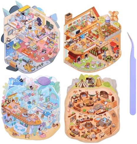 Girls 3D Miniature Scene Stickers, 4 Sets World Adventure DIY House Stickers for Space, Caves, Farms, Underwater World, Cute 3D Cartoon Sticker Scenes for Adult Kids Relief Stress Pass The Time by VYRANA