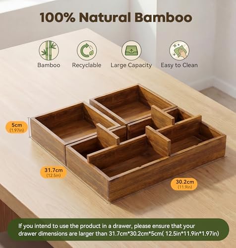 KOCWELL Bamboo Desk Drawer Organizer with Removable Dividers,Multi-Use Office Drawer Organizer Tray,Junk Drawer Organizers for Office,School,Kitchen,Makeup Supply（Carbon Brown） - Image 3