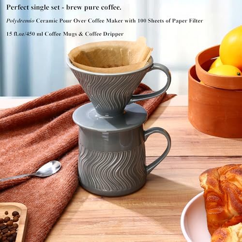 Pour Over Coffee Maker with 100 Sheets of Paper Filter, 15 oz Ceramic Coffee Mug & Coffee Dripper, 1 Cup-Single brew coffee set, Grey - Image 2