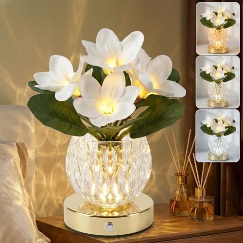 Flower Table Lamp, 3 Colors Touch Dimming Magnolia Glass Night Light, Rechargeable Artificial Flower Light, LED Flower with Vase Lamp Romantic Decor for Date Party Home (White - Magnolia) by Strackvial