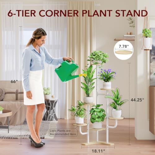 Homsorout Corner Plant Stand with Grow Light - 6 Tier Plant Stand Indoor Round Metal Plant Shelf with Adjustable Light, Plant Organizer for Living Room, Garden, Home Decor, Maple - Image 6