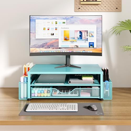 OPNICE Desk Organizer and Accessories, 2-Tier Computer Monitor Stand Riser with Drawer and 2 Pen Holders, Laptop Stand, Office Desk Accessories for Office Supplies, Teal Blue - Image 6