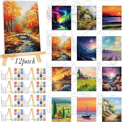 Zhanmai 72 Pcs 12 Sets Sip and Paint Kit Pre Drawn Canvas for Painting 8" x 10" Paint Party Canvas Painting Pre Printed Canvases for Party Favor DIY Virtual Adult's Date Night(Natural Scenery) by Zhanmai