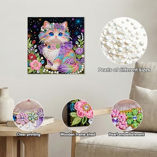 Xylzzuit Pearl Painting Kit with Frame 9.84x9.84IN Colorful DIY Gemstone Pearls Beads Art Craft for Adults Home Desktop Wall Decor (Cat) - Image 3