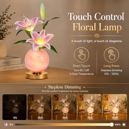 Lily Table Lamp, 3 Color Planet Night Light, Rechargeable Cordless Touch Dimming Artificial Flower Light, LED Flower Bedside Lamp Romantic Gifts for Girl Women Mom (Pink Lily) - Image 4