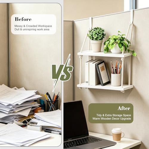 2 Tier Cubicle Shelf with Hooks, Wooden Hanging Organizer for Office - Image 2