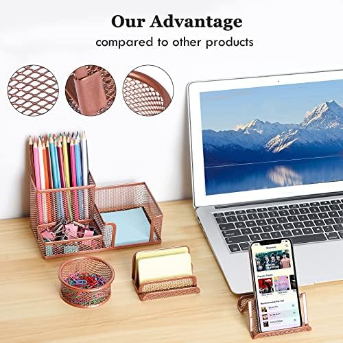 Desk Organizers Set with Mesh Pen Holder Cup, Rose Gold - Image 3