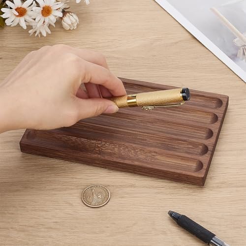 PLIGREAT 5 Grid Wood Pen Tray, Wooden Desk Pen Organizer Holder Minimalist Wave Pencil Rest for Office Stationery Desk Decor Retro Home Bedroom Decoration, 7.1x4.3x0.6inch - Image 3