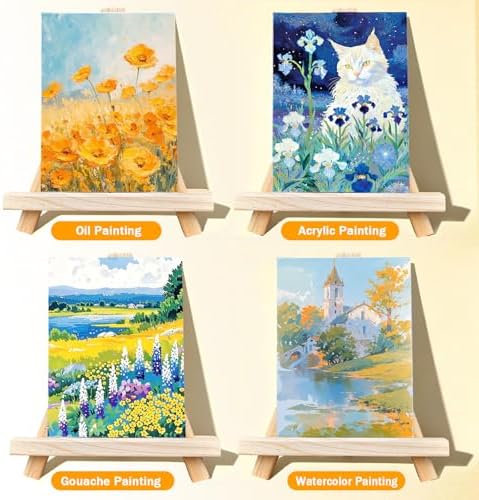 12 Pcs Mini Canvas and Easel Set 4''x6'' Small Blank Canvas Boards with Pine Wood Easels - Beginner Sip Paint Kit for Acrylic Oil Watercolor &Crafts - Ideal for Tabletop Display and Adults Party - Image 6