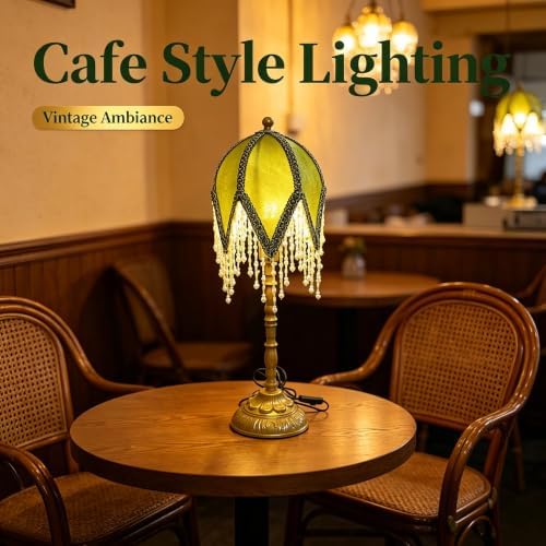 Vintage Tasselled Table Lamp with Beaded Shade, Green and Gold - Image 3