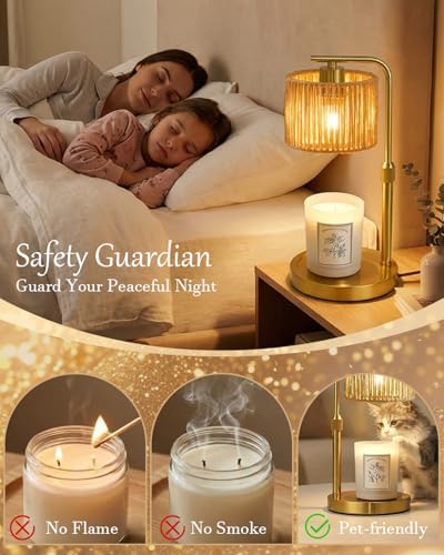 Candle Warmer Lamp, Timer Dimmable Candle Lamp, Adjustable Height and Brightness Gold Candle Warmer, Boho Rattan Lampshade and 2 Bulbs, Suitable for Home Decor, Birthday Gifts for Women Mom - Image 2