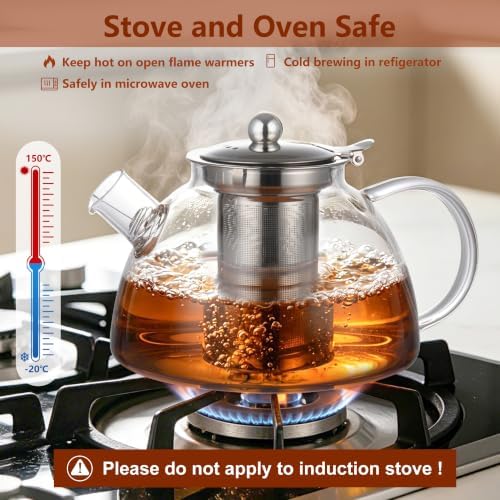 Ehugos Glass Teapot with Removable Infuser, 1300ml/44 oz Stovetop Safe Hand Crafted Clear tea kettle for Loose Leaf Tea, Hot/Iced Water, Juice Beverage - Image 3
