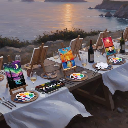 Cholemy 6 Set Paint and Sip Kit for Adults 8"x 10" Pre Drawn Canvas Painting with Wooden Easel Acrylic Paint Wash Cup Brushes Palette Apron for Painting DIY Adult's Date Party Supplies(Landscape) - Image 5