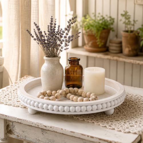 Decorative Coffee Table Tray, 12 Inch White Washed Wooden Beaded Tray with Removable Legs, Rustic Farmhouse Centerpiece Tray for Living Room, Kitchen Counter Decor - Image 6