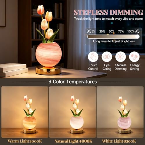 VEEKI Pink Tulip Flower Lamp, Rechargeable Cordless LED Floral Table Lamp - Image 2