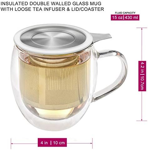 Teabloom Stay-Hot Heatproof Glass Mug with Loose Tea Infuser and Lid – 15 oz /430 mL – 2 Blooming Teas Included - Image 4