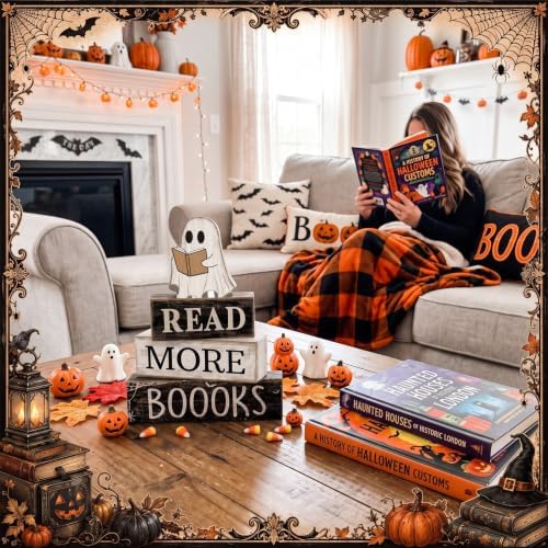 Moucuny 4 Pcs Halloween Table Decoration Wooden Ghost Reading Stacked Block - Image 5