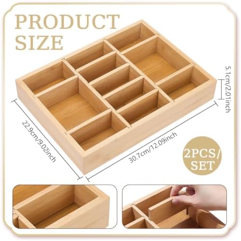 NBEADS 2Pcs Bamboo Desk Drawer Organizer, Bamboo Wood Organizer Tray with 8 Adjustable Dividers Office Desk Organizer Tray Divider Drawer for Office Supplies Makeup Jewelry Vanity, 9.02x12.09x2.01inch - Image 2