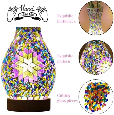 Mosaic Vase Lamp, Turkish Table Lamp with Wood Base, USB LED - Image 5
