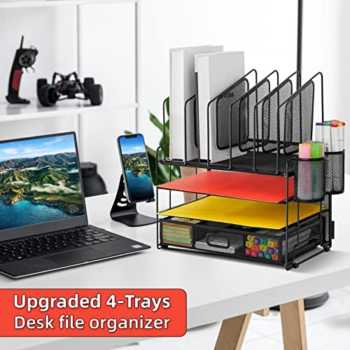 Marbrasse Desk Organizer with Drawer, 4-Tier Mesh File Organizer with 5 Vertical File Holders and 2 Pen Holders, Multifunction Desktop Organizer,Desk Organizers and Accessories for Home Office - Image 3