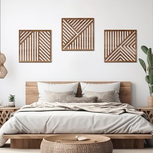 Bnesi 3 Piece Abstract Geometric Wood Wall Art Decor Modern Boho Minimalist Slatted Design Wall Sculpture Art Decor for Living Room Bedroom Home Bathroom (Classic, Medium) - Image 4