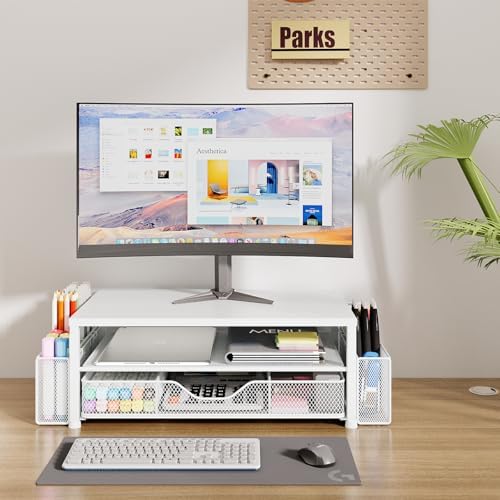 OPNICE Desk Organizer and Accessories, 2-Tier Computer Monitor Stand Riser with Drawer and 2 Pen Holders, Laptop Stand, Office Desk Accessories for Office Supplies, White - Image 2