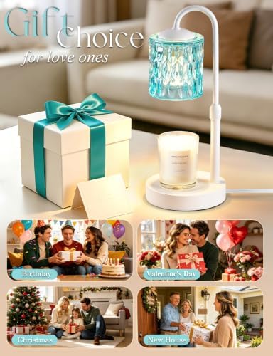 Briever Dimmable Candle Warmer Lamp with Timer, Height Adjustable Electric Candle Wax Warmer, Birthday Gifts for Women Mom, House Warming Gifts New Home Decor, Solid Wood Base, White Blue Glass - Image 7