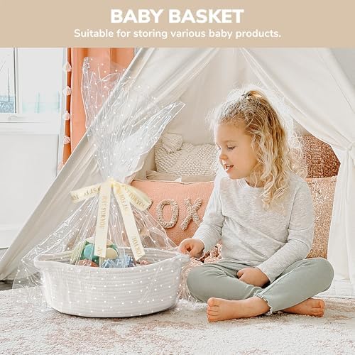 CHICVITA Woven Basket for Gifts with Bags & Ribbon, Dog Toy Basket, White - Image 4