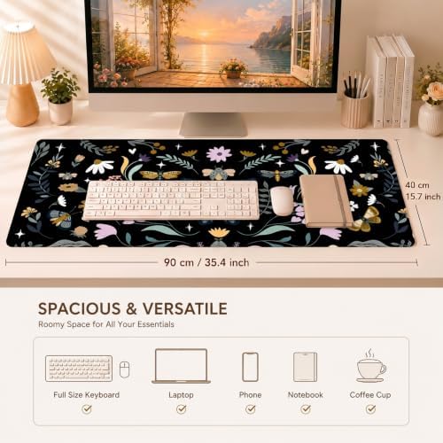 Botanical Insect Desk Mat, Vintage XXL Black Mouse Pad 35.4x15.7in - Image 3